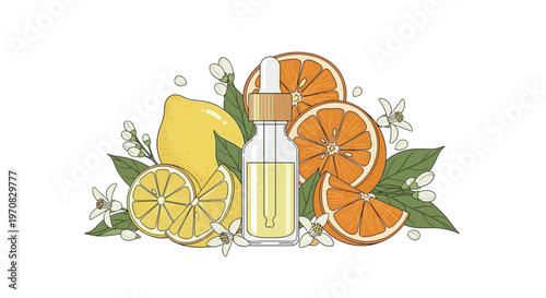 A collection of citrus fruits, including lemons and oranges, surrounds a clear glass dropper bottle with white blossoms and green leaves.