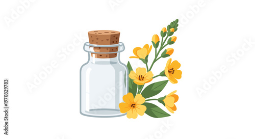 A clear glass bottle with a cork stopper stands next to a vibrant sprig of yellow flowers and green leaves on a white background.