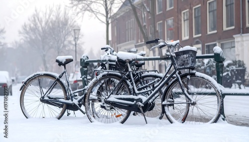 Snowy bicycles parked on a quiet street