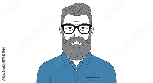 An illustration of a man with a grey beard and black glasses wears a blue collared shirt against a plain white background.