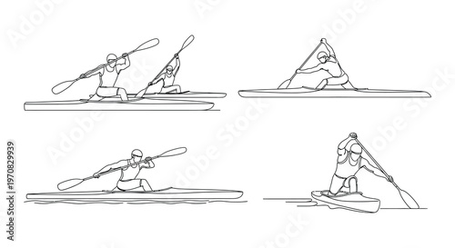 Line art illustration of kayakers paddling in various positions