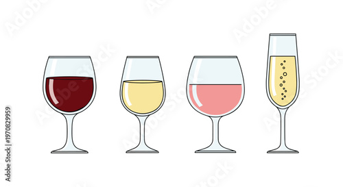 Four distinct wine glasses, each containing a different colored beverage, are arranged in a row on a plain white background.