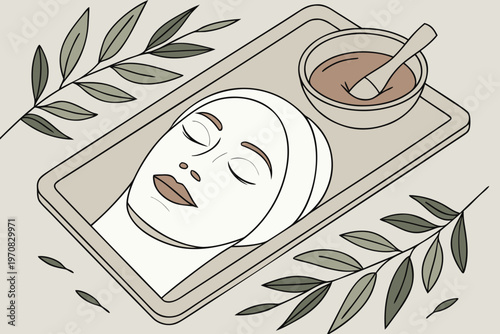 A serene woman receiving a facial treatment with a clay mask