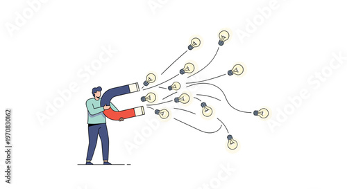 A cartoon man in a blue shirt holds a large red and blue horseshoe magnet attracting multiple glowing lightbulbs on a white background.