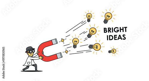 A cartoon scientist in a lab coat holds a red horseshoe magnet, attracting several glowing light bulbs labeled BRIGHT IDEAS on a white background.