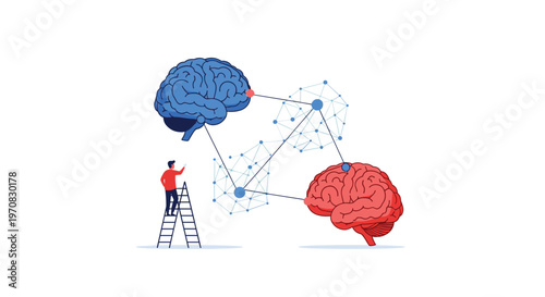 A person on a ladder interacts with a network of blue nodes and lines connecting a blue brain in the upper left to a red brain in the lower right.