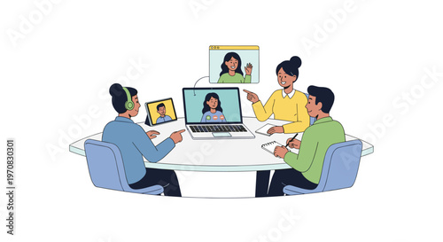 Three colleagues around a round table participate in a video conference with multiple virtual attendees.