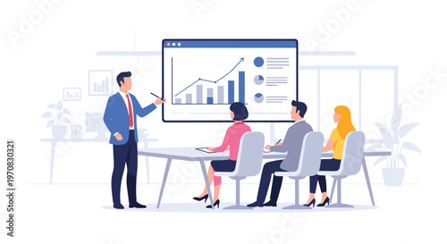 A businessman in a suit presents data on a large screen to four seated colleagues in a modern office setting.