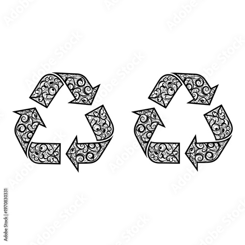 Recycling symbols, eco icons, circular arrows, black line art, recyclable vector graphics
