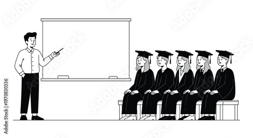 A male teacher points to a blank whiteboard while addressing five students in graduation attire.