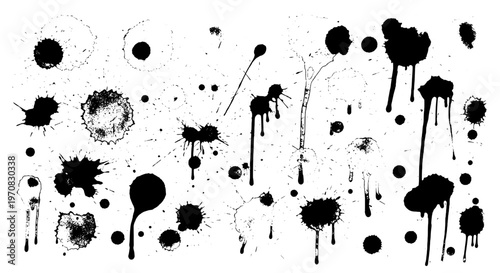 Inkblots black grunge set with splatters and drips on white background featuring ink, splashes, stains with spots and blots elements for drops,