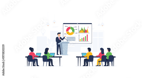 A presenter at a podium addresses two groups of laptop-using attendees in a bright, modern meeting room.