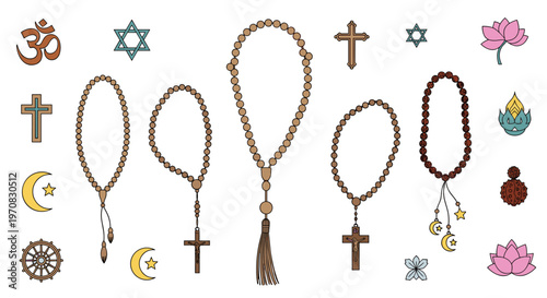 A diverse collection of rosary beads, crosses, and various religious symbols is neatly arranged on a clean white background.