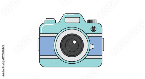 A stylized light blue and periwinkle film camera with a black lens is centered on a plain white background.