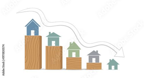 Five colorful houses are positioned on a descending wooden bar graph with a large white arrow pointing downwards on a plain white background.