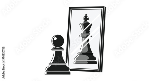 A black chess pawn stands before a rectangular mirror reflecting a black chess king on a white background.