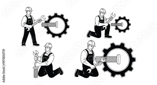 Illustrations of workers operating machinery and using various hand tools
