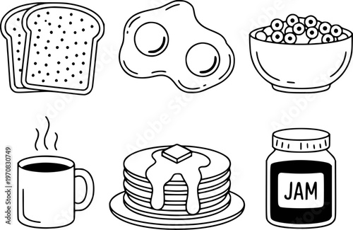 Hand drawn breakfast food collection featuring toast fried eggs cereal pancakes coffee and jam