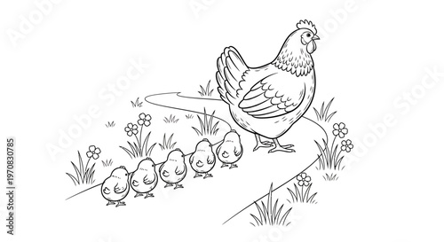 A mother hen and her chicks walking together.