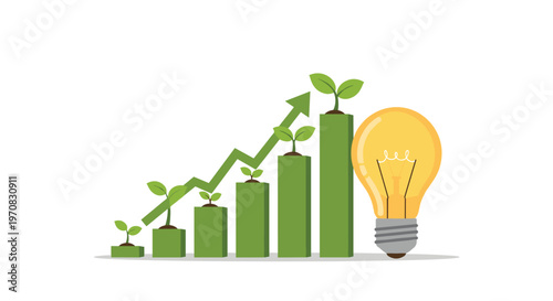 A green bar chart with growing plants on each bar shows an upward trend next to a large glowing lightbulb on a white background.