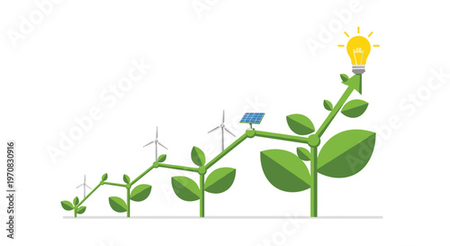 A green plant grows upwards in a zig-zag arrow shape with wind turbines, a solar panel, and a lightbulb on a white background.
