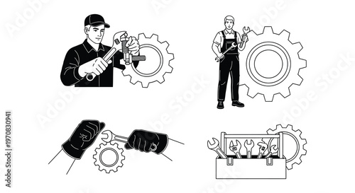 Illustrations of workers operating machinery and using various hand tools