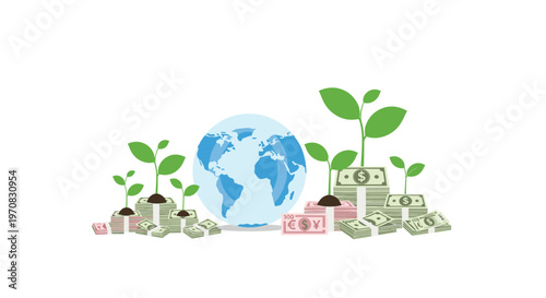 A blue globe is surrounded by stacks of various currencies with green plants growing from them on a white background.