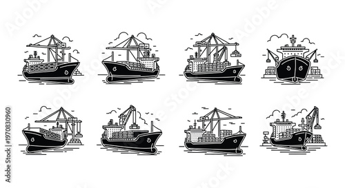 Collection of monochrome shipping vessel and cargo ship line art icons