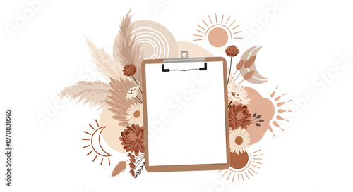 Brown clipboard with decorative floral design.
