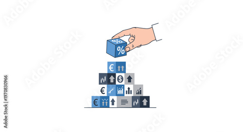 A hand places a blue percentage cube on top of a pyramid of financial symbol cubes against a white background.