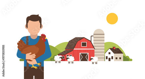 A faceless farmer in blue overalls holds a brown chicken with a red barn, white silo, house, and three sheep on green hills in the background.
