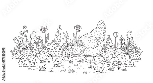 A mother hen and her chicks foraging.