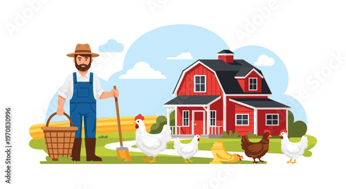 A cartoon farmer stands on green grass holding a basket and shovel with a red barn and five chickens in a rural outdoor setting.