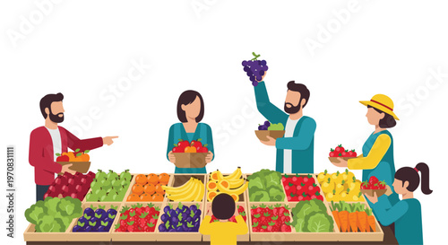 Five people are interacting at a bustling market stall filled with an abundance of fresh fruits and vegetables.