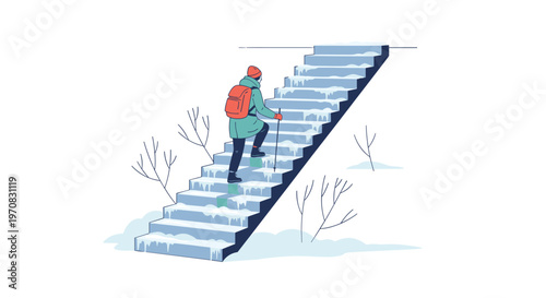 A person with a backpack and walking stick climbs snow-covered outdoor stairs.