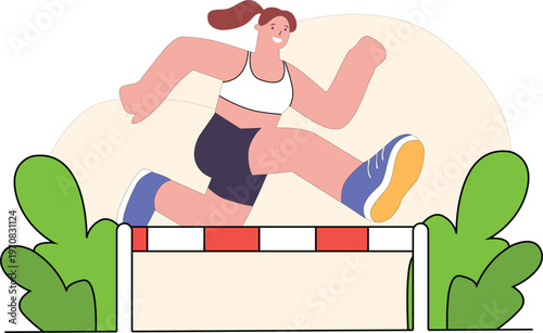 Woman in sports clothing jumping over a hurdle during athletic training session outdoors
