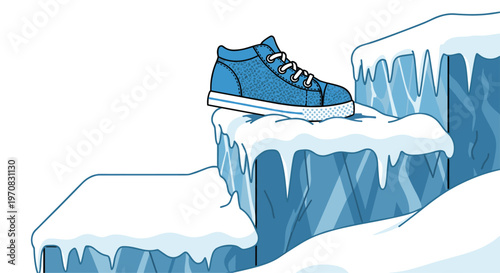 A single blue sneaker is placed on a snow-covered icy platform with icicles against a plain white background.