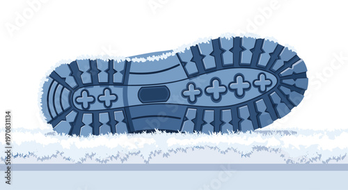 The blue sole of a heavy-treaded boot is pressed into a layer of white snow on a plain background.