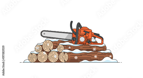 An orange chainsaw rests on a snow-covered pile of cut logs with snowflakes on a white background.