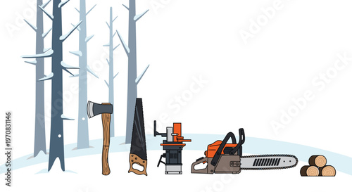 An axe, a hand saw, a log splitter, and a chainsaw are displayed in a snowy winter forest.