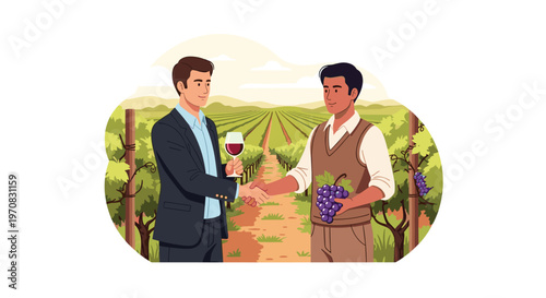 Two men shake hands in a sunny vineyard, one holding wine and the other holding grapes.