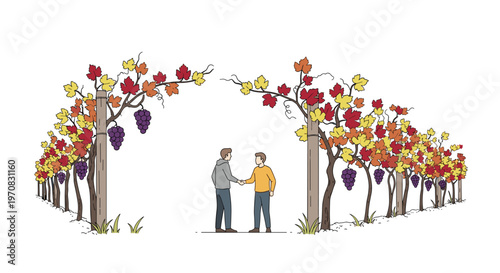 Two men shake hands between rows of grapevines with colorful autumn leaves and purple grapes.