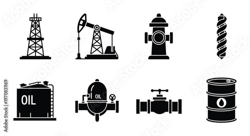 Black silhouettes of various oil and gas industry equipment