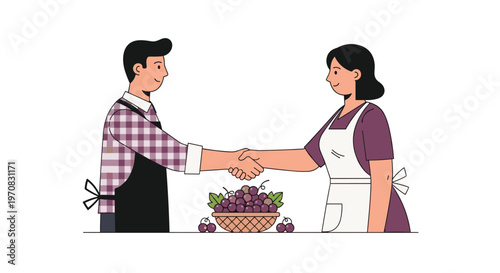 A man and a woman wearing aprons shake hands over a basket of purple grapes on a white background.