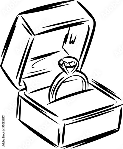 Hand Drawn of Diamond Engagement Ring in Open Jewelry Box White Background