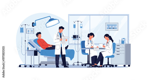 Medical team consisting of several doctors monitors a patient lying in a hospital bed while reviewing charts and clinical equipment.