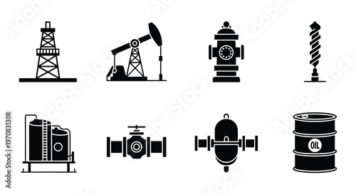 Black silhouettes of various oil and gas industry equipment