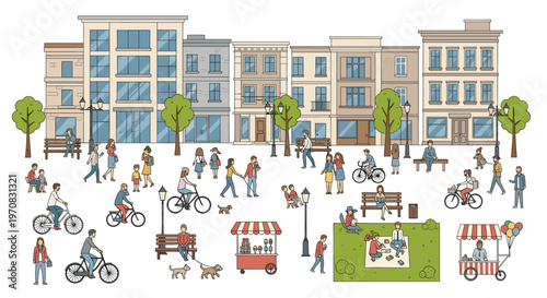 Numerous cartoon people are walking, cycling, and picnicking in a city park with buildings in the background.