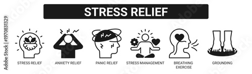Stress Relief web banner icon vector illustration concept with icons of stress relief, anxiety relief, panic relief, stress management, breathing exercise, and grounding.