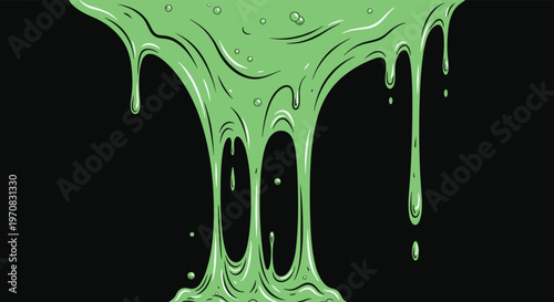 Thick green slime or radioactive goo drips down in a gooey mess against a stark black background creating a creepy or scientific effect.